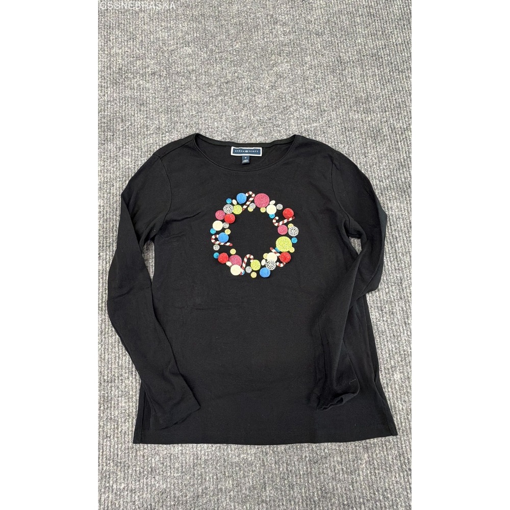 Karen Scott Black Long Sleeve Christmas Wreath Pom Pom Holiday T-Shirt Size M